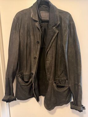 Men's Black  All Saints Leather Jacket - Classic Button Front